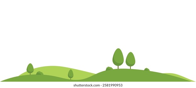 Meadow with green fields and woods. forest close-up. Beautiful green rural landscape. Isolated. Flat design. Countryside view. vector illustration on white background with space for text, banner