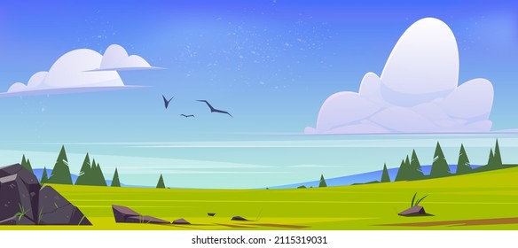 Meadow with green grass, conifers and hills on horizon. Vector illustration of summer or spring landscape of field or pasture with plants and stones and flying birds in sky