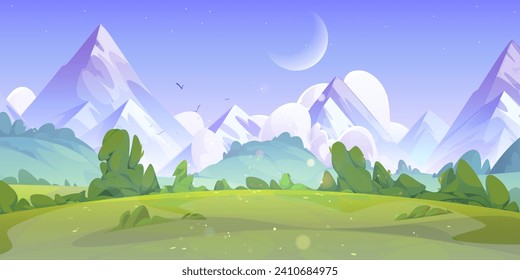 Meadow with green grass near mountain foot in evening or morning. Cartoon summer vector landscape with field and trees, rocky hills and disappearing crescent moon in blue starry sky at dawn.