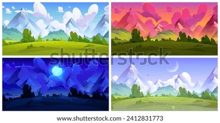 Meadow with green grass near mountain foot during four day times. Cartoon summer daytime landscape of field and trees, rocky hills and sky with clouds - sunny afternoon, dawn and sunset, dark night.