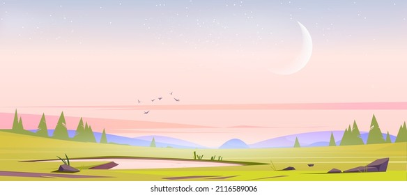 Piso de hierba verde, estanque, coníferas y colinas en el horizonte por la mañana. Ilustración vectorial del paisaje de verano o primavera con plantas, lagos, árboles, aves voladoras y luna de cera en el cielo