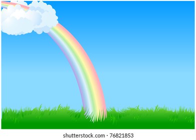 Meadow with green grass and a rainbow coming out of the clouds