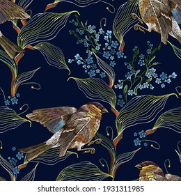 Hierbas praderas y aves, patrón sin costura. Arte de jardín de verano. Bordado. Estilo de línea. Plantilla de moda para ropa, textiles, diseño de camisetas