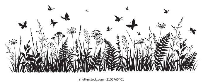 Meadow herbs and flying butterflies. Flowering summer or spring field. Vector illustration. 