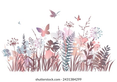 Meadow herbs and flying butterflies. Flowering summer or spring field in watercolor style. Vector illustration. 