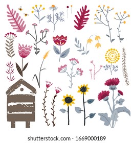 Meadow herbs isolated on white, vector collection. Plants set. Beehive, bees, and doodle hand drawn plants