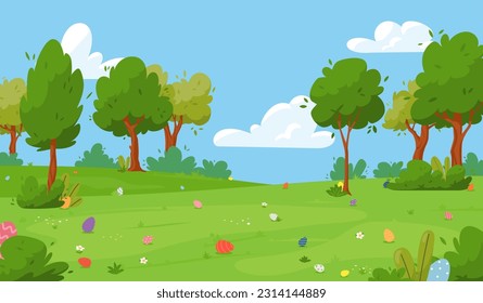 Meadow with hidden eggs for Easter egg hunt, cartoon flat vector illustration. Park with scattered painted eggs. Spring holiday tradition game for children.