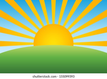 Meadow, Hill with clear sky and sun and sun beams (horizontal)