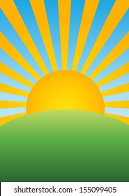 Meadow, Hill with clear sky and sun and sun beams