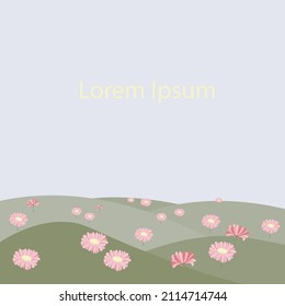 Meadow with hill and pink flowers blue sky Lorem Ipsum background stock vector illustration for web, for print