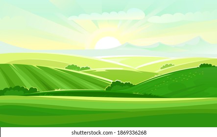 Meadow hills with vegetable gardens and fields. Rangelands and pastures. Rural landscape. Out-of-town scenery with plots of land for agricultural processing. Farmland and farm location. Vector