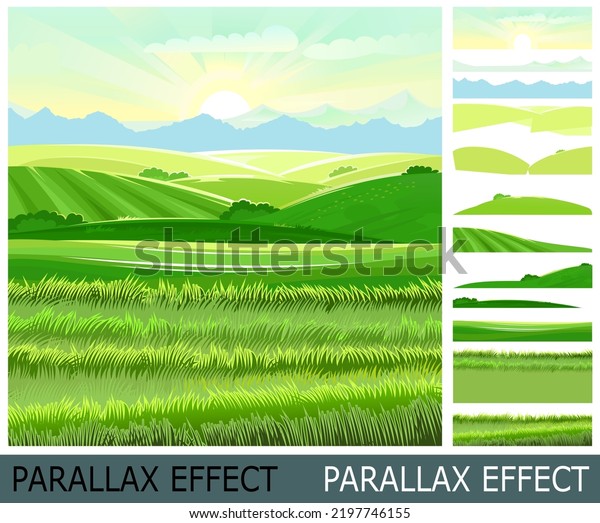 Meadow hills with vegetable gardens and\
fields. Rangelands and pastures. Rural landscape. Image from layers\
for overlay with parallax effect.\
Vector