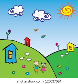 Meadow with the house, children and lambs
