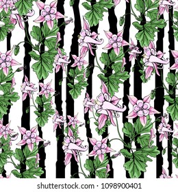 Meadow illustration. Green and pink meadow pattern. Vector vintage seamless floral botanical graphic. Spring nature. Colorful flower print ~ drawing summer seamless background.