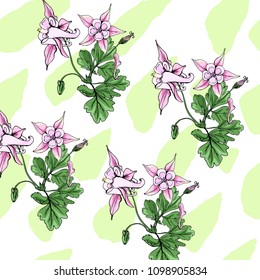 Meadow illustration. Green and pink meadow pattern. Vector vintage seamless floral botanical graphic. Spring nature. Colorful flower print ~ drawing summer seamless background.