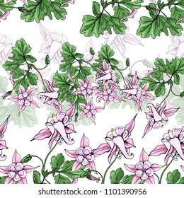 Meadow illustration. Green and pink meadow pattern. Vector vintage seamless floral botanical graphic. Spring nature. Colorful flower print ~ drawing summer seamless background.