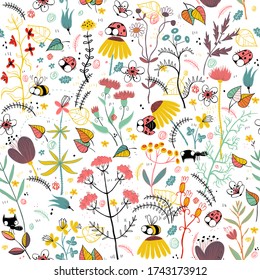 Meadow illustration seamless pattern. Cartoon set with isolated objects. EPS10 vector file.