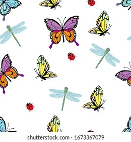 Meadow insects butterflies, dragonfly and beetles, spring seamless pattern, for postcards, packaging, web design, vector illustration