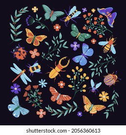 Insectos pradera y ramas florales a la moda ilustración plana. Escarabajos, flores y hojas diseño de pancartas. Verano, fondo de la fauna de primavera.