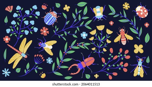 Meadow insects and floral branches trendy flat illustration. Beetles, flowers and leaves banner design. Summer, spring wildlife background.