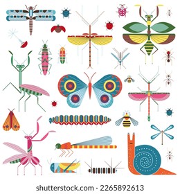 Meadow insects icon set with grasshopper, butterfly, caterpillars, beetles, ladybugs, honey bee, dragonfly, stick insect, mosquito, ants, praying mantis and snail. Colorful geometric bugs collection.