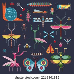 Meadow insects icon set with grasshopper, butterfly, caterpillars, beetles, ladybugs, honey bee, dragonfly, stick insect, mosquito, ants, praying mantis and snail. Colorful geometric bugs collection.