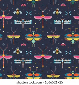 Meadow insects pattern with praying mantis, stick insect, dragonfly, bee and ladybug. Repeating entomology seamless background with winged bugs and beetles for design prints, textiles and fabric.