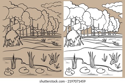 Meadow, lake, haystack, alley of trees, clouds natural landscape. Black and white vector drawing. For illustrations and coloring books.