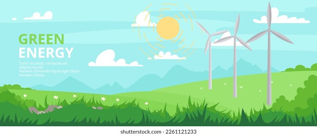 Pancarta del paisaje de la pradera. Turbinas eólicas. Concepto de energía ecológica industrial. Ilustración vectorial en un estilo plano. Molino de viento en verano. Fuentes de energía renovable. Granja eólica y fábrica.