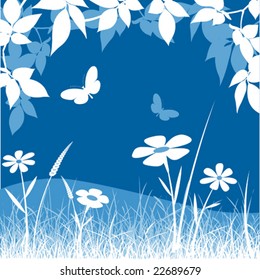 Meadow Landscape in Blue and White