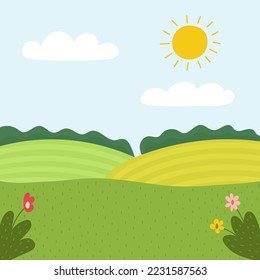 El paisaje de la pradera al estilo de las caricaturas. Fondo de campo de verano con colinas, hierba y flores. Banner de campo de doodle lindo y de fam. Ilustración del vector