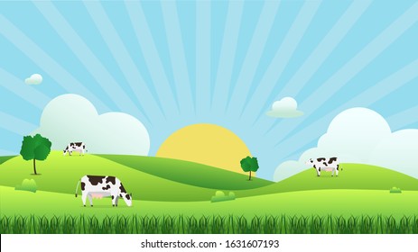 Meadow landscape with cow eating grass, vector illustration.Green field and sky blue and sun shine with white cloud background.Beautiful nature scene with sunrise.Cow with natural scene.