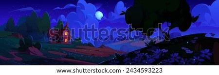 Meadow landscape with daisy flowers, firefly and light in windows of single rural house stands at distance on hill at night. Cartoon spring or summer dusk scenery with blossoms and trees on field.