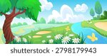 Meadow landscape with daisy flowers and spring field background. Lush grass, winding river and garden scenery under blue sky. Vector hill illustration with cartoon stream and green forest meadow.