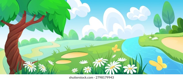 Meadow landscape with daisy flowers and spring field background. Lush grass, winding river and garden scenery under blue sky. Vector hill illustration with cartoon stream and green forest meadow.