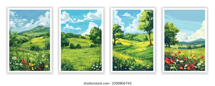 Meadow Landscape Drawing. Vector illustration of grassy fields, wildflowers, and open countryside. Editable artwork for nature posters, covers, or peaceful scenery designs.