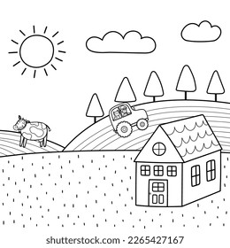 Meadow landscape with a farmhouse and fields in black and white. Summer background with hills, trees, cow and tractor. Great for coloring page. Vector illustration