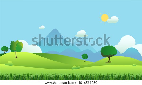 草の前景と山の背景に牧草地の風景 ベクターイラスト 緑の野原 と空の青と太陽が白い雲の背景に輝く 美しい自然のシーン 夏のシーズン のベクター画像素材 ロイヤリティフリー