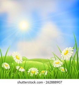 Meadow landscape with green grass, flowers, hills and sun 