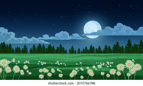 Meadow landscape at night with full moon, clouds, stars, trees and flowers