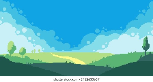 Elemento de arte de píxel de paisaje de prado. Campo verde soleado. 8 bits. Desarrollo de juegos, aplicación móvil. Ilustración aislada del vector. Patrón de punto de cruz.