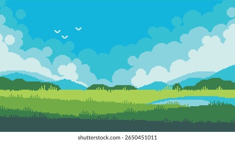 Meadow landscape pixel art element. Green sunny field. 8 bit. Game development, mobile app. Isolated vector illustration. Cross stitch pattern.	