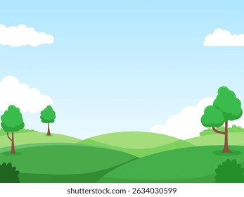 Paisaje de pradera con algunos árboles, y Ilustración vectorial de cielo azul