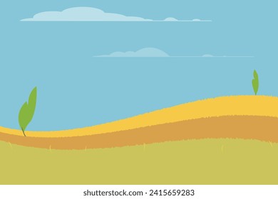 Paisaje de prados. Vista veraniega de los campos verdes, altitud del césped primavera y cielo azul, campos de hierba verde y campos de trigo paisajístico ilustración de fondo vectorial. Hierba de campo, praderas de primavera o verano