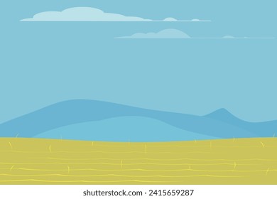 Paisaje de prados. Vista veraniega de los campos verdes, altitud del césped primavera y cielo azul, campos de hierba verde y campos de trigo paisajístico ilustración de fondo vectorial. Hierba de campo, praderas de primavera o verano