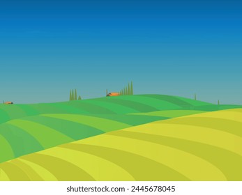 Paisaje de prados. Vista de los campos verdes de verano, colina de césped de primavera y cielo azul, campos de hierba verde ilustración de fondo de Vector. Hierba de campo, prado paisaje primavera o verano
