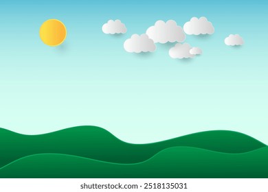 Paisaje De Prado Con Sol Y Fondo De Nubes. Ilustración vectorial. Corte de papel. Mínimo