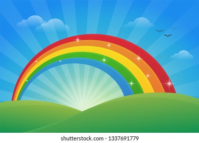 Meadow and the light of the sky in the morning with a beautiful rainbow.