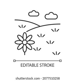 Meadow linear icon. Grass covered open land. Field with flowers. Grassland and pastureland. Thin line customizable illustration. Contour symbol. Vector isolated outline drawing. Editable stroke