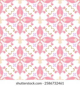 Meadow Luxury Flowers Tiles Scroll Ornate Design. The Elegance Florals Petals Lily Fleur de lis Combine Seamless Pattern Vector. Detailed Opulence Royal Silk Weaves Embroidery Pink Garden on White BG